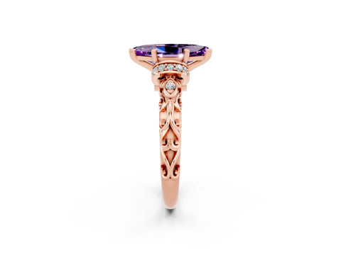 Rose gold Marquise Cut Amethyst Solitaire Ring with Filigree Band and Four-Prong Setting_26