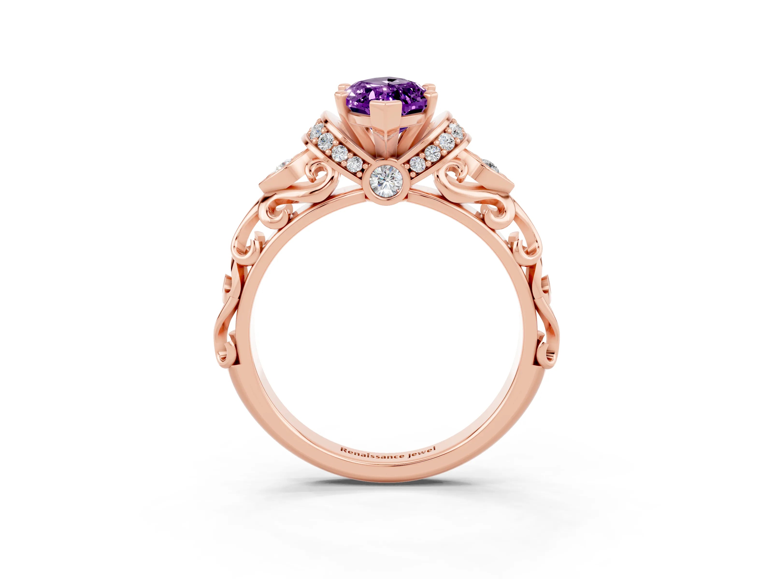 Rose gold Marquise Cut Amethyst Solitaire Ring with Filigree Band and Four-Prong Setting_27