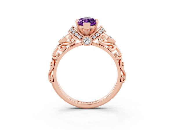 Rose gold Marquise Cut Amethyst Solitaire Ring with Filigree Band and Four-Prong Setting