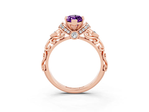 Rose gold Marquise Cut Amethyst Solitaire Ring with Filigree Band and Four-Prong Setting_27
