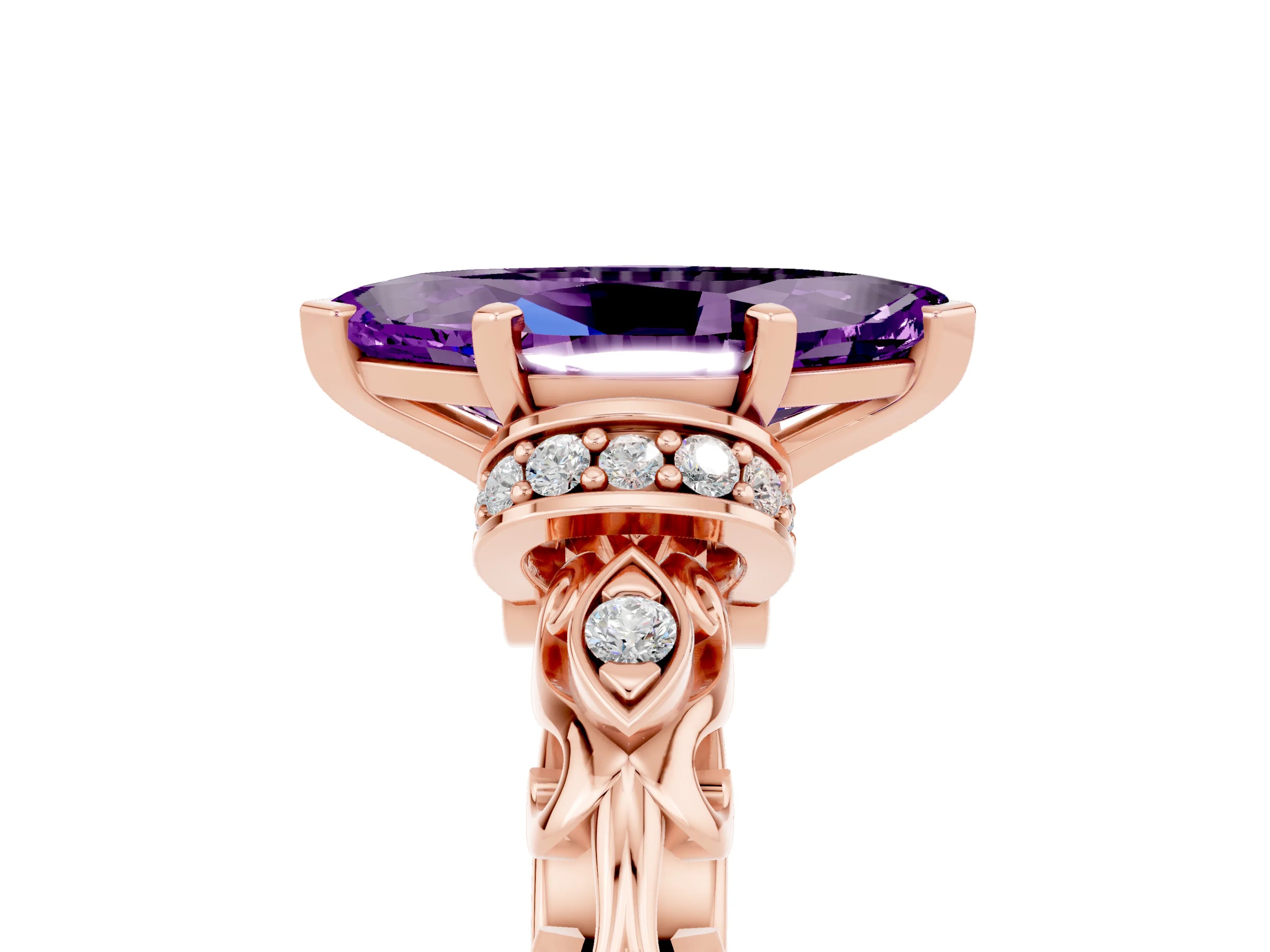 Rose gold Marquise Cut Amethyst Solitaire Ring with Filigree Band and Four-Prong Setting_29