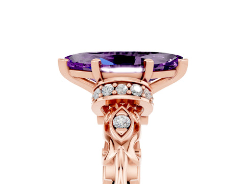 Rose gold Marquise Cut Amethyst Solitaire Ring with Filigree Band and Four-Prong Setting_29