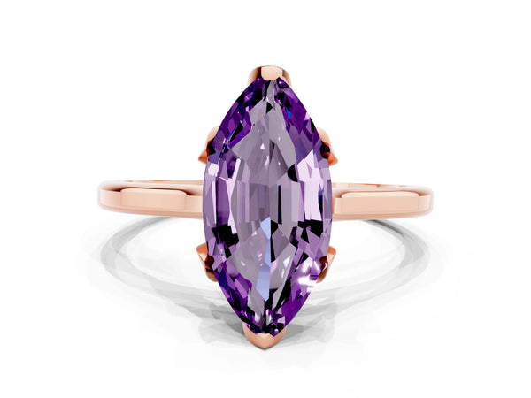 Rose gold Marquise Cut Amethyst Solitaire Ring with Flower Prong Setting and Classic Band