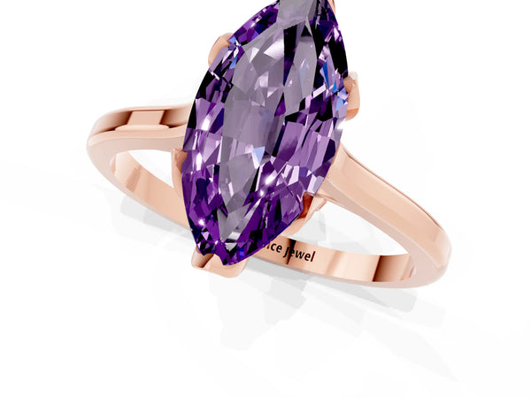Rose gold Marquise Cut Amethyst Solitaire Ring with Flower Prong Setting and Classic Band