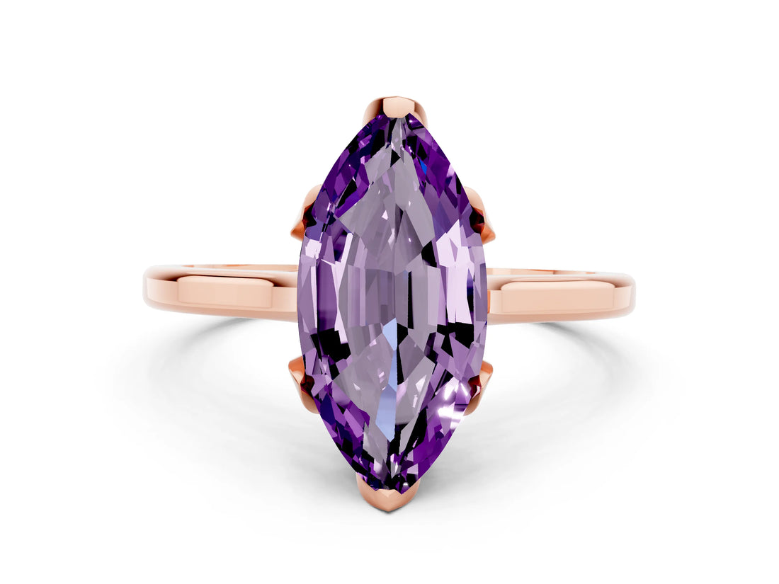Rose gold Marquise Cut Amethyst Solitaire Ring with Flower Prong Setting and Classic Band_36