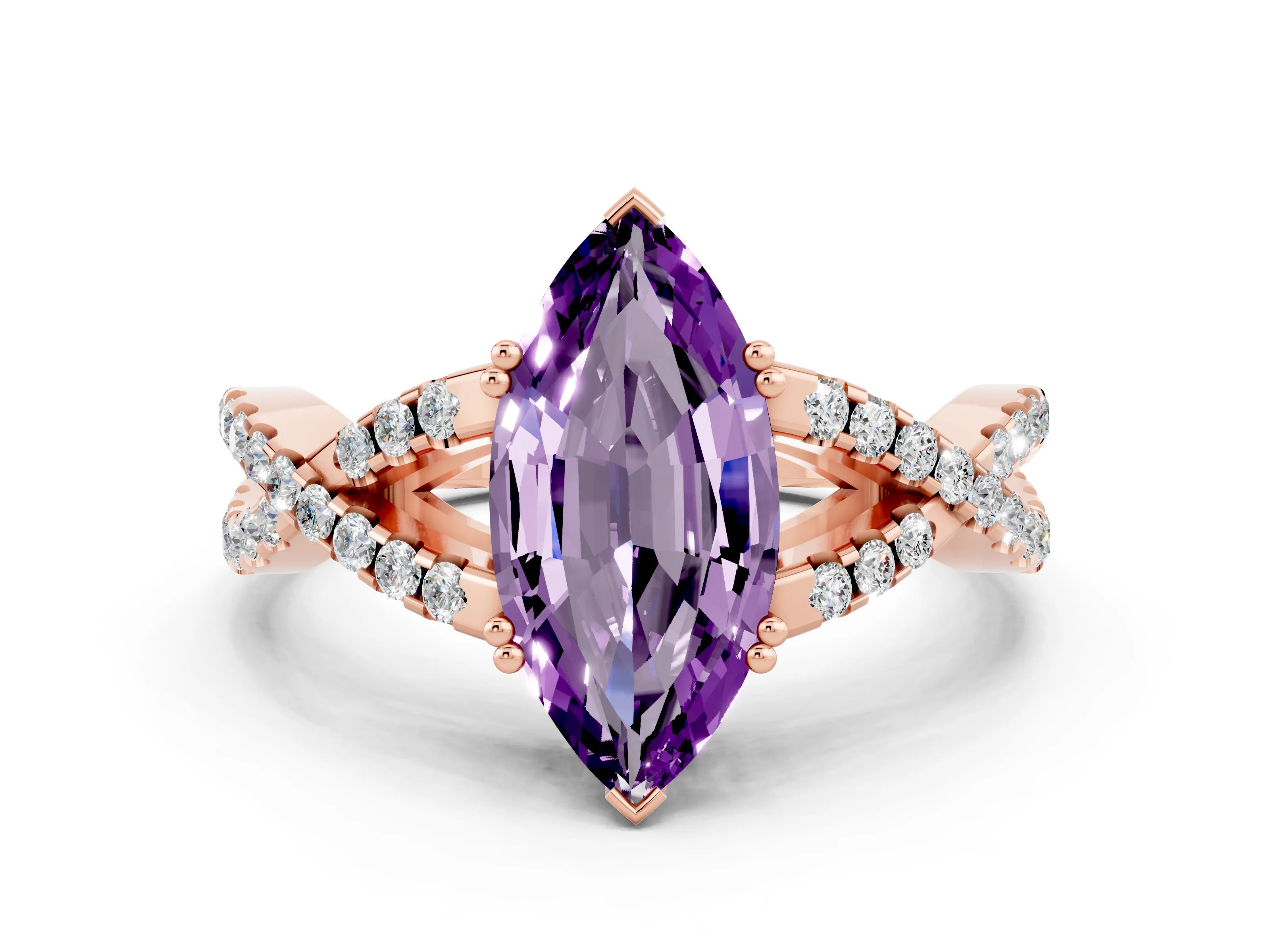 Rose gold Marquise Cut Amethyst Solitaire Ring with Four-Prong Setting and Twisted Pavé Band
