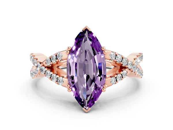 Rose gold Marquise Cut Amethyst Solitaire Ring with Four-Prong Setting and Twisted Pavé Band