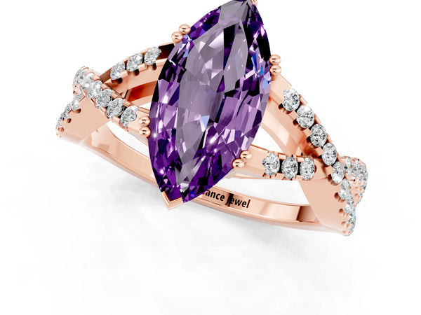 Rose gold Marquise Cut Amethyst Solitaire Ring with Four-Prong Setting and Twisted Pavé Band