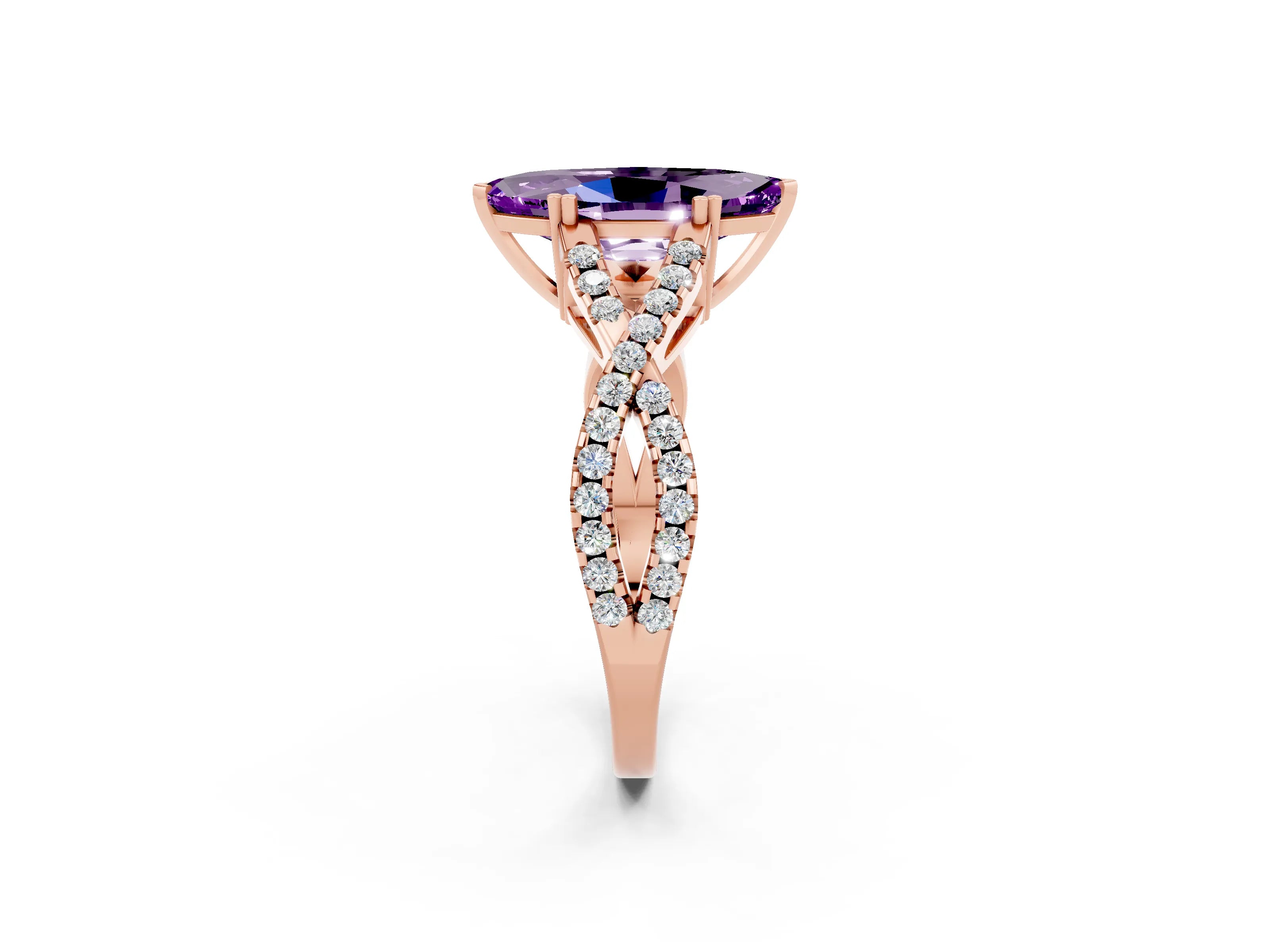 Rose gold Marquise Cut Amethyst Solitaire Ring with Four-Prong Setting and Twisted Pavé Band_2