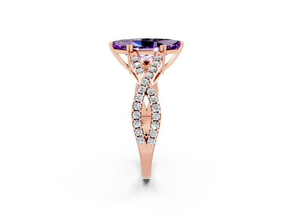 Rose gold Marquise Cut Amethyst Solitaire Ring with Four-Prong Setting and Twisted Pavé Band