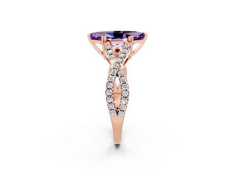 Rose gold Marquise Cut Amethyst Solitaire Ring with Four-Prong Setting and Twisted Pavé Band_2