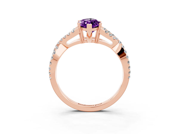 Rose gold Marquise Cut Amethyst Solitaire Ring with Four-Prong Setting and Twisted Pavé Band
