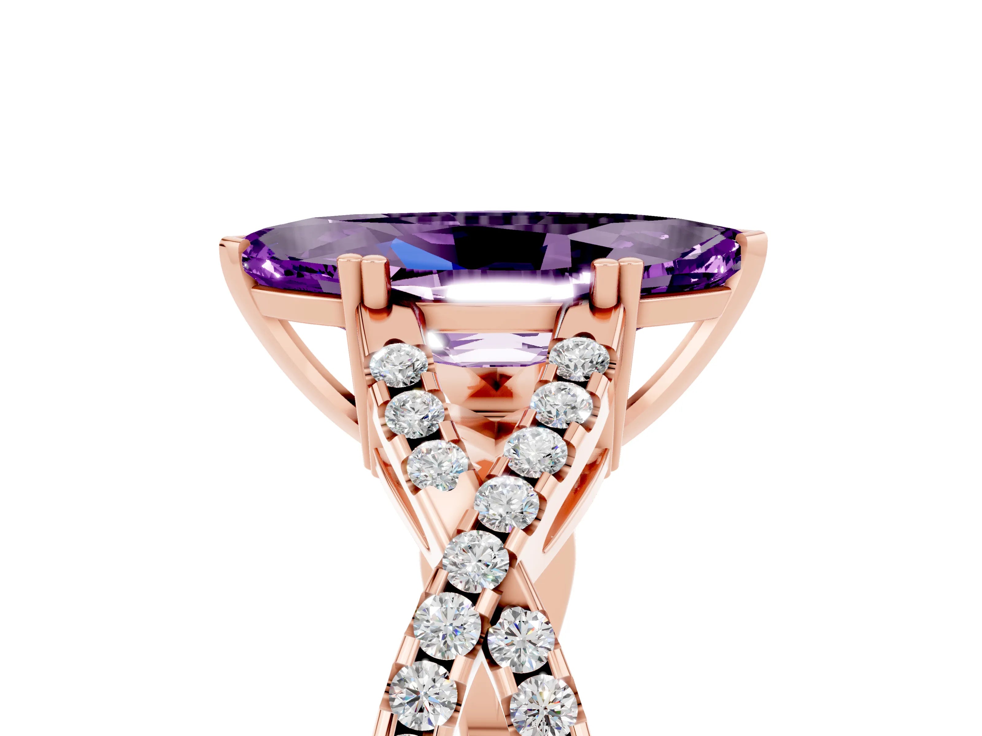 Rose gold Marquise Cut Amethyst Solitaire Ring with Four-Prong Setting and Twisted Pavé Band_5