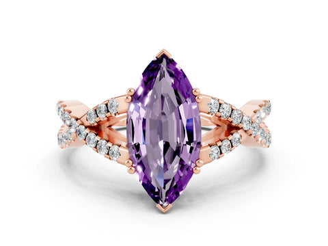 Rose gold Marquise Cut Amethyst Solitaire Ring with Four-Prong Setting and Twisted Pavé Band