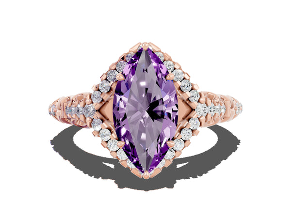 Rose gold Marquise Cut Amethyst Solitaire Ring with Hidden Halo and Pavé Band