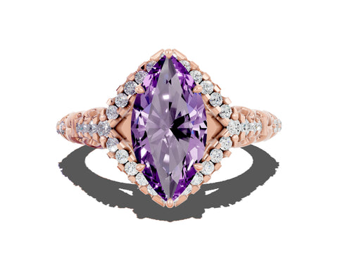 Rose gold Marquise Cut Amethyst Solitaire Ring with Hidden Halo and Pavé Band_24