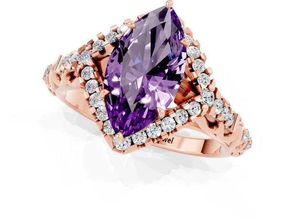 Rose gold Marquise Cut Amethyst Solitaire Ring with Hidden Halo and Pavé Band