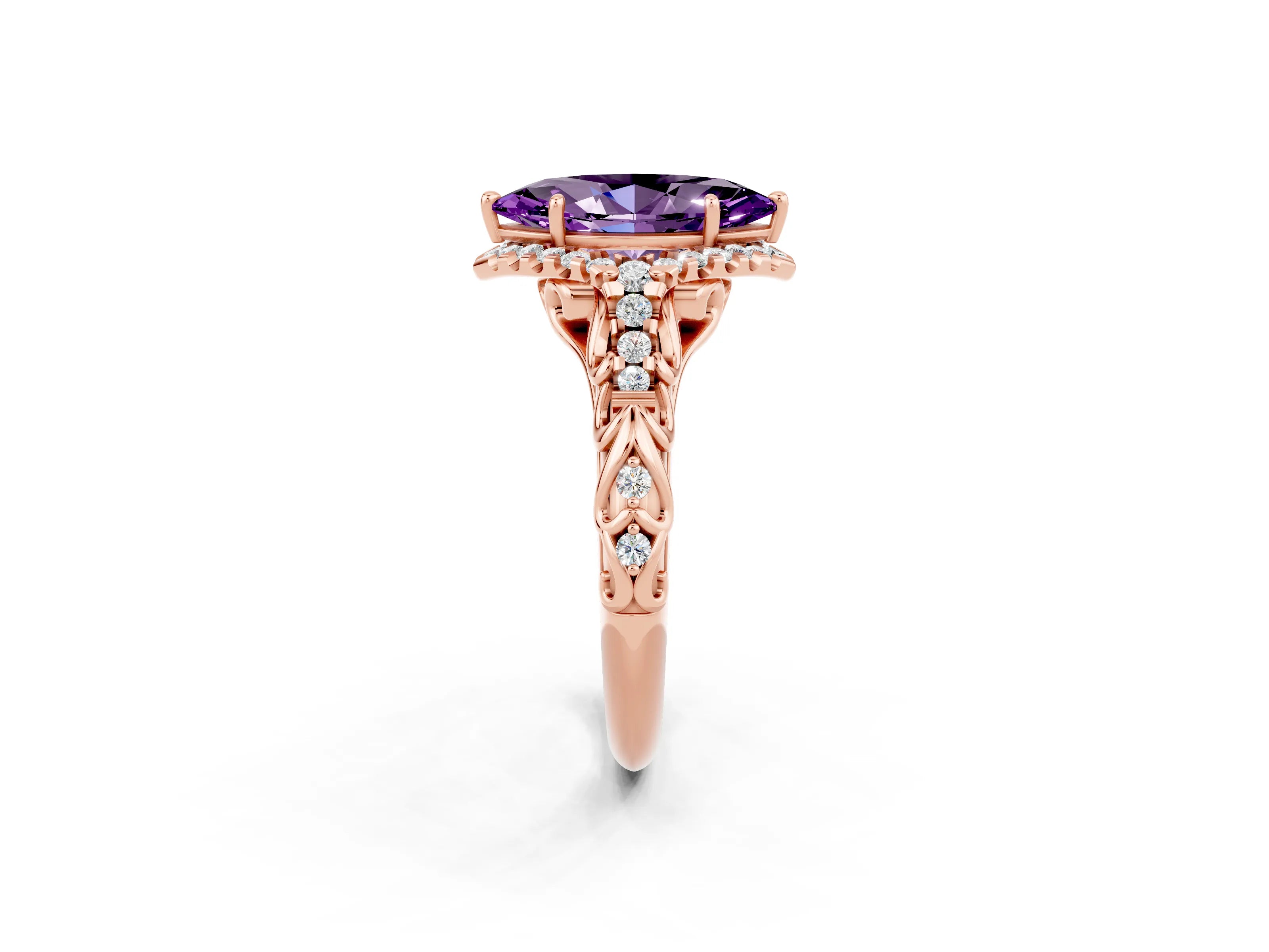 Rose gold Marquise Cut Amethyst Solitaire Ring with Hidden Halo and Pavé Band_26