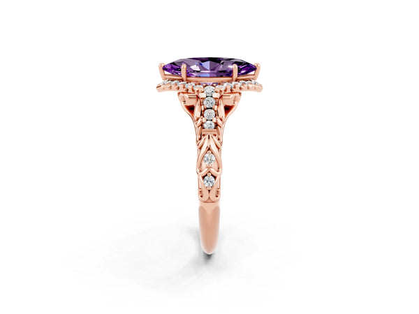 Rose gold Marquise Cut Amethyst Solitaire Ring with Hidden Halo and Pavé Band
