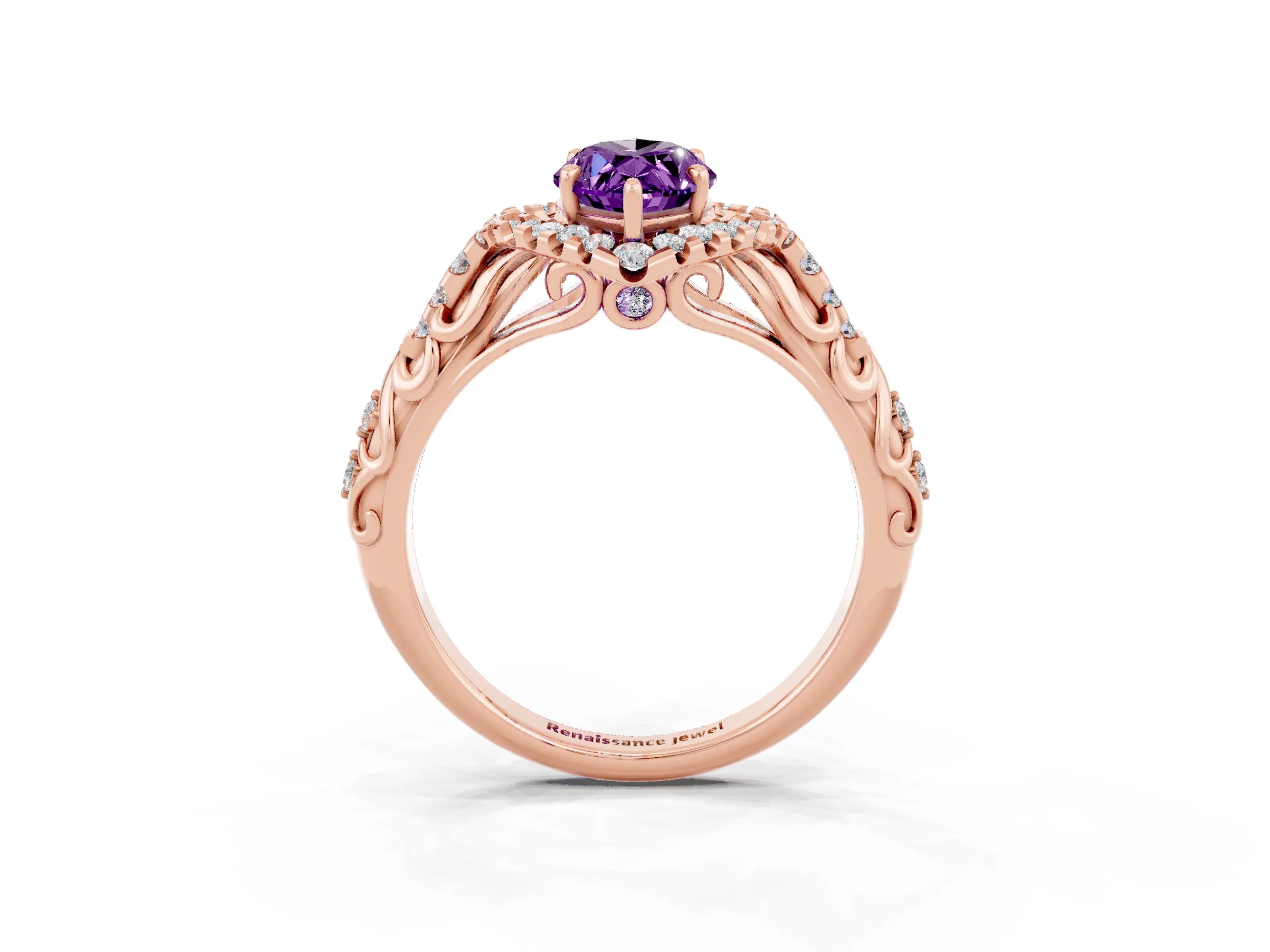 Rose gold Marquise Cut Amethyst Solitaire Ring with Hidden Halo and Pavé Band_27
