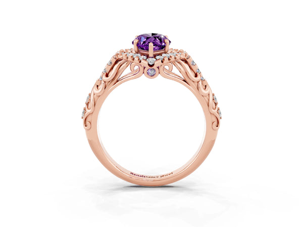 Rose gold Marquise Cut Amethyst Solitaire Ring with Hidden Halo and Pavé Band