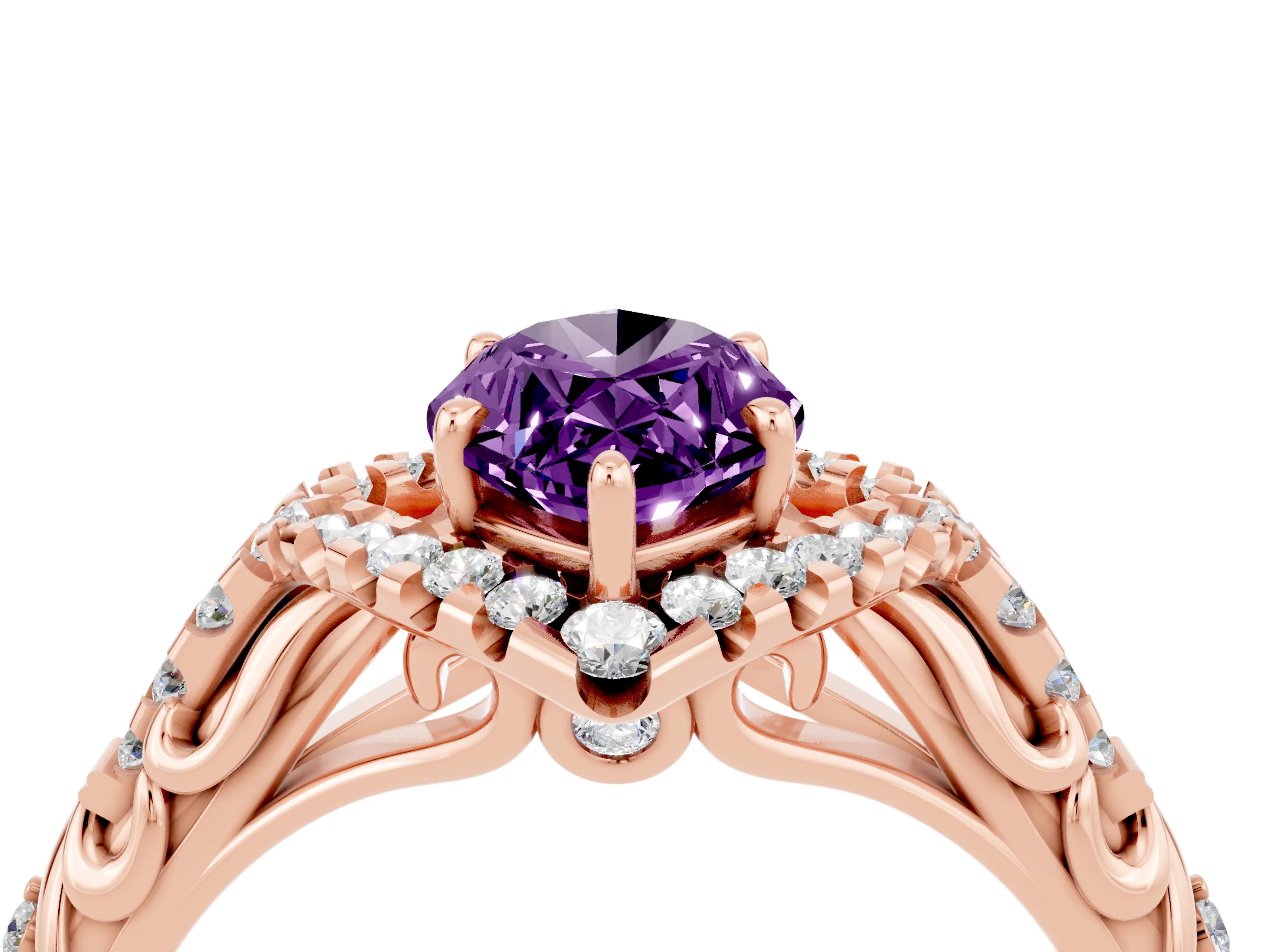 Rose gold Marquise Cut Amethyst Solitaire Ring with Hidden Halo and Pavé Band_28
