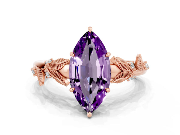 Rose gold Marquise Cut Amethyst Solitaire Ring with Leaf Motif Band and Four-Prong Setting