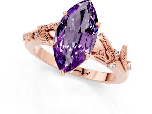 Rose gold Marquise Cut Amethyst Solitaire Ring with Leaf Motif Band and Four-Prong Setting