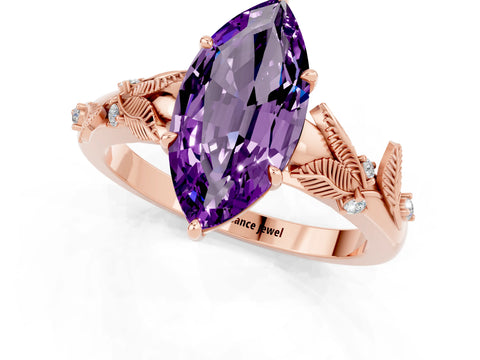 Rose gold Marquise Cut Amethyst Solitaire Ring with Leaf Motif Band and Four-Prong Setting_1