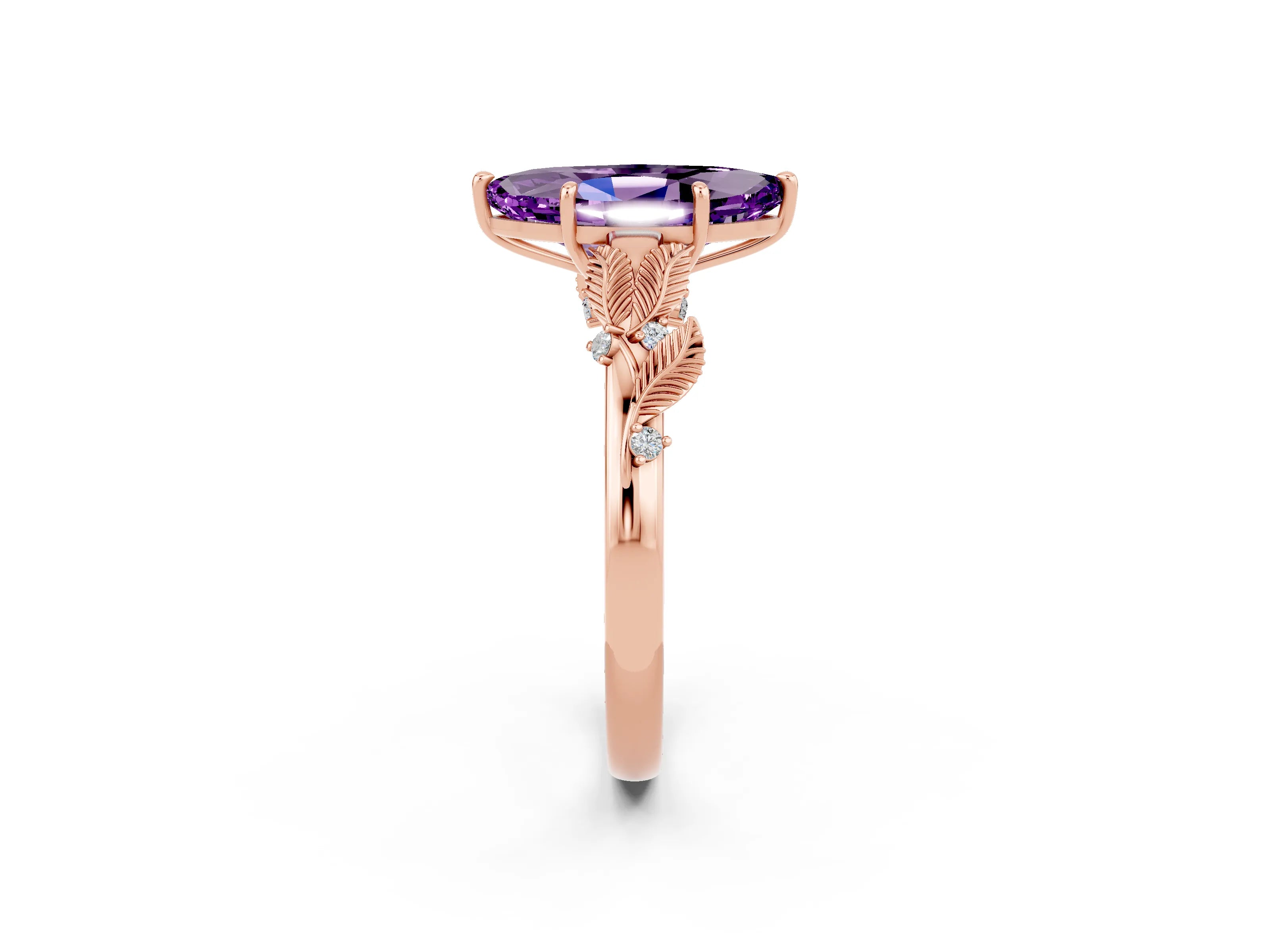 Rose gold Marquise Cut Amethyst Solitaire Ring with Leaf Motif Band and Four-Prong Setting_2