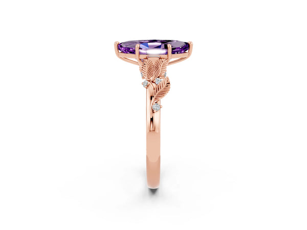 Rose gold Marquise Cut Amethyst Solitaire Ring with Leaf Motif Band and Four-Prong Setting