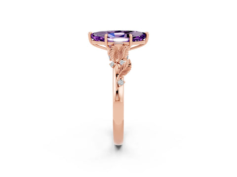 Rose gold Marquise Cut Amethyst Solitaire Ring with Leaf Motif Band and Four-Prong Setting_2