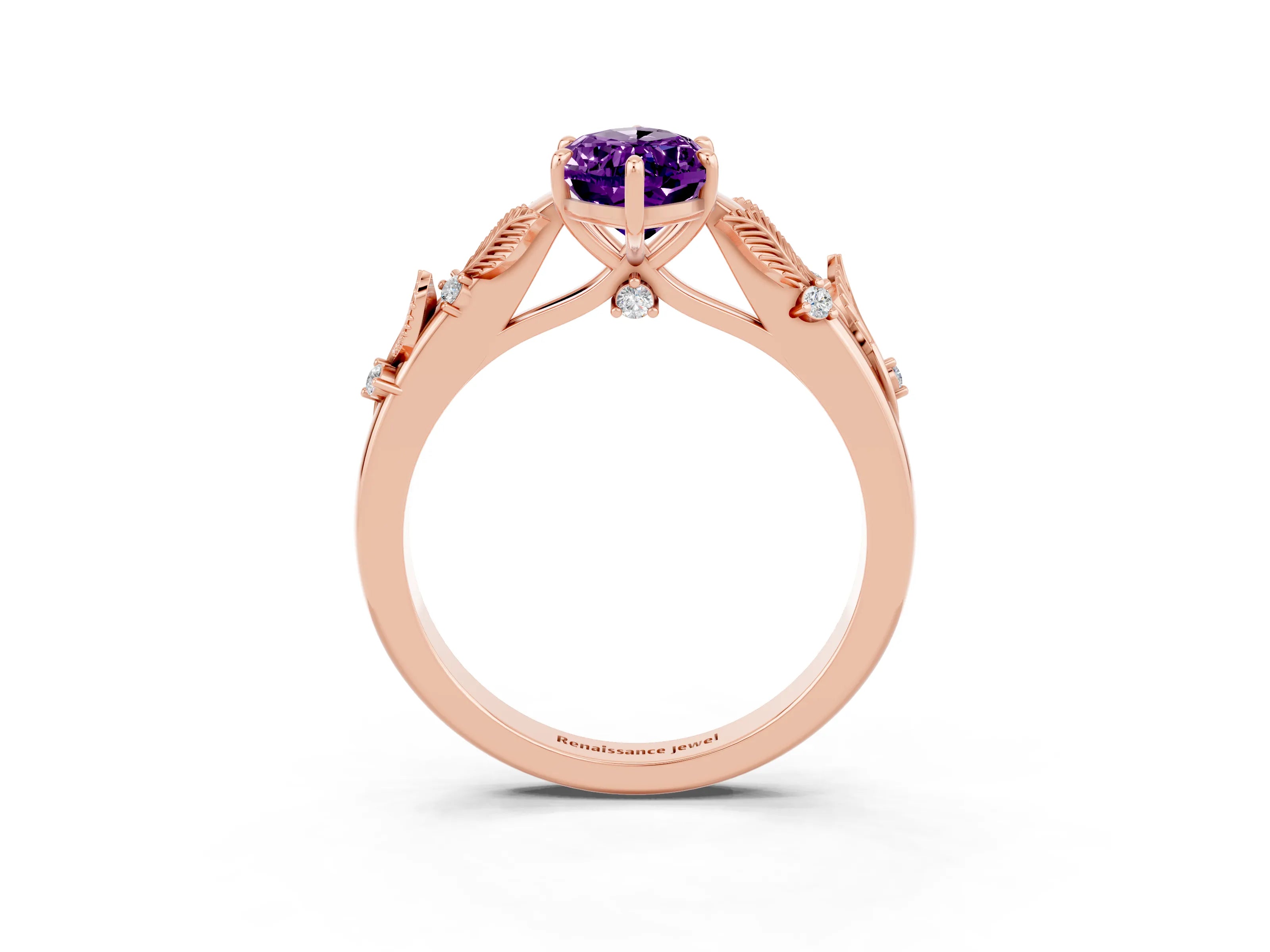 Rose gold Marquise Cut Amethyst Solitaire Ring with Leaf Motif Band and Four-Prong Setting_3