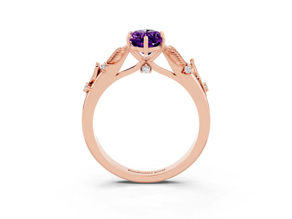 Rose gold Marquise Cut Amethyst Solitaire Ring with Leaf Motif Band and Four-Prong Setting