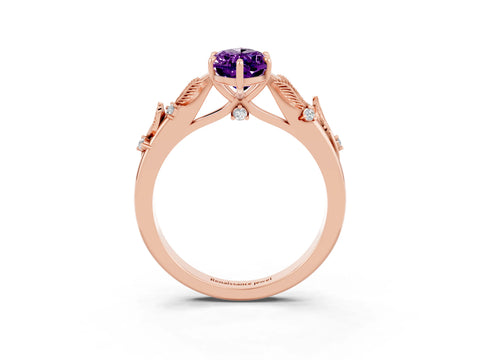 Rose gold Marquise Cut Amethyst Solitaire Ring with Leaf Motif Band and Four-Prong Setting_3
