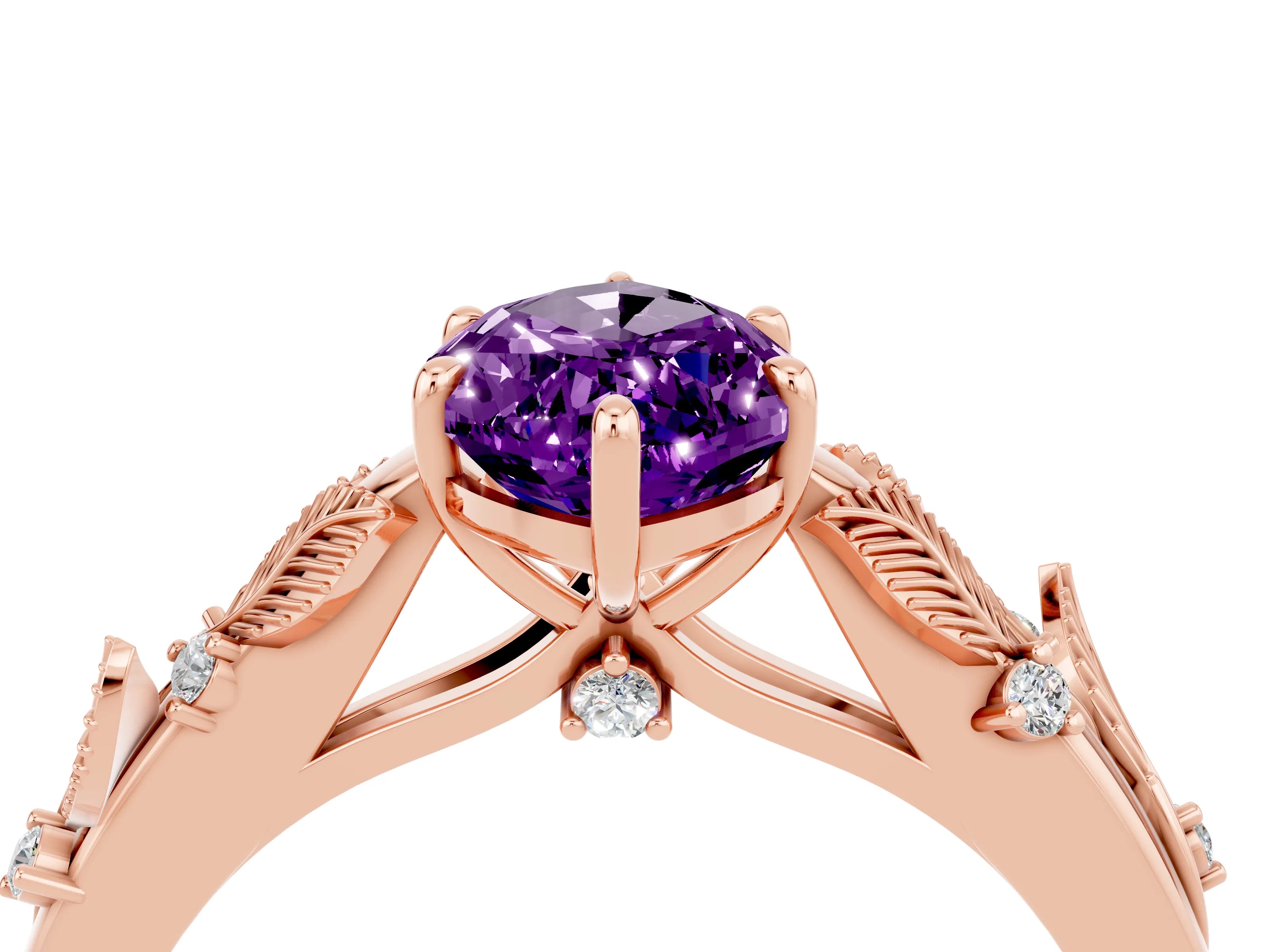 Rose gold Marquise Cut Amethyst Solitaire Ring with Leaf Motif Band and Four-Prong Setting_4