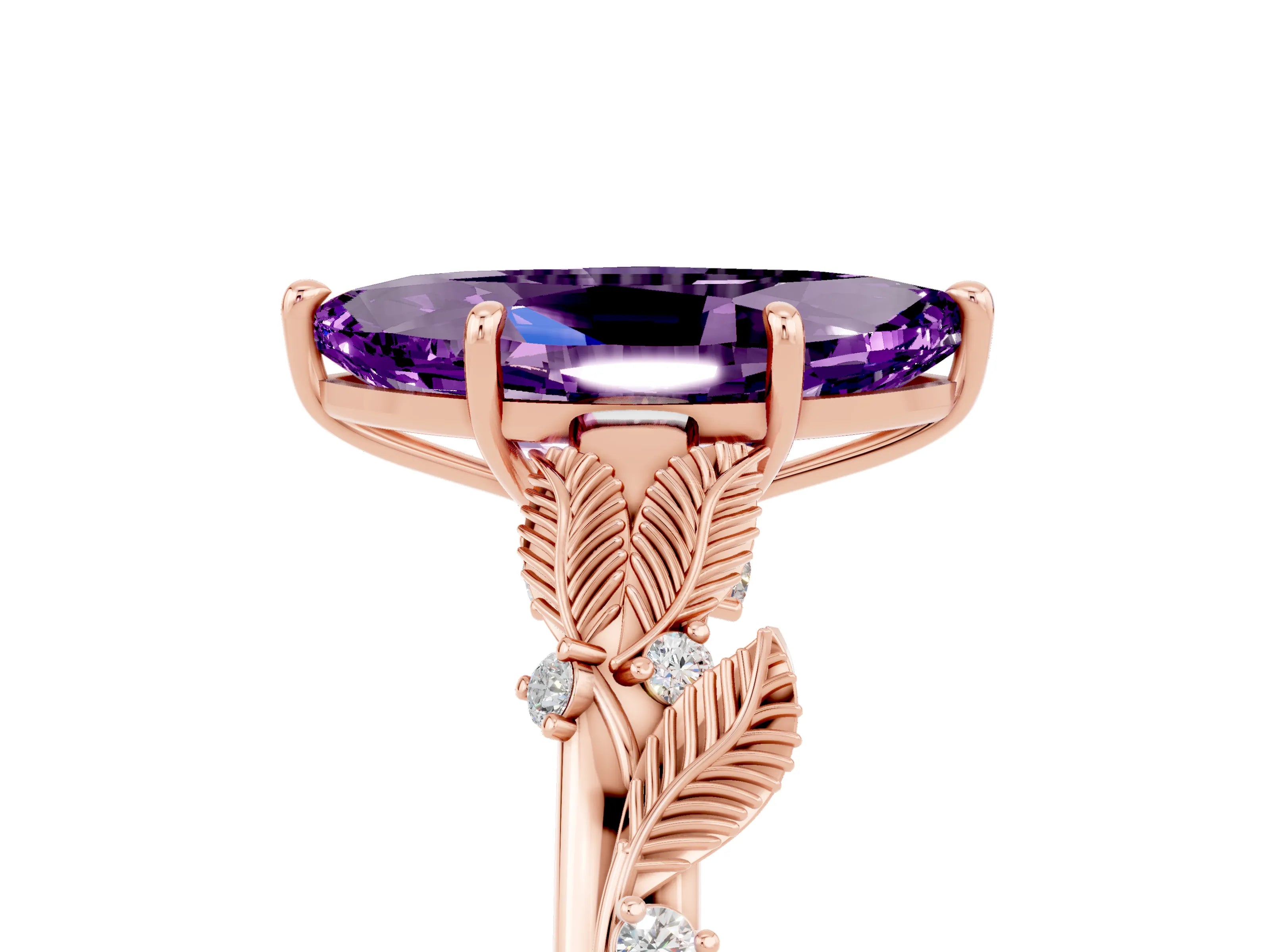 Rose gold Marquise Cut Amethyst Solitaire Ring with Leaf Motif Band and Four-Prong Setting_5