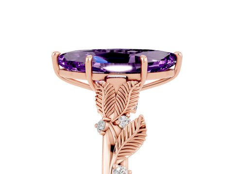 Rose gold Marquise Cut Amethyst Solitaire Ring with Leaf Motif Band and Four-Prong Setting_5