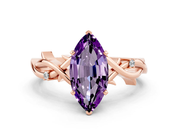 Rose gold Marquise Cut Amethyst Solitaire Ring with Milgrain Pavé Band and Four-Prong Setting