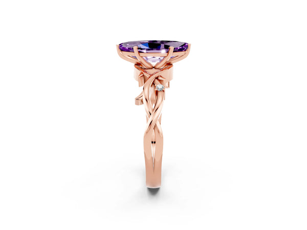 Rose gold Marquise Cut Amethyst Solitaire Ring with Milgrain Pavé Band and Four-Prong Setting