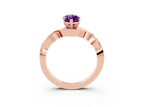 Rose gold Marquise Cut Amethyst Solitaire Ring with Milgrain Pavé Band and Four-Prong Setting