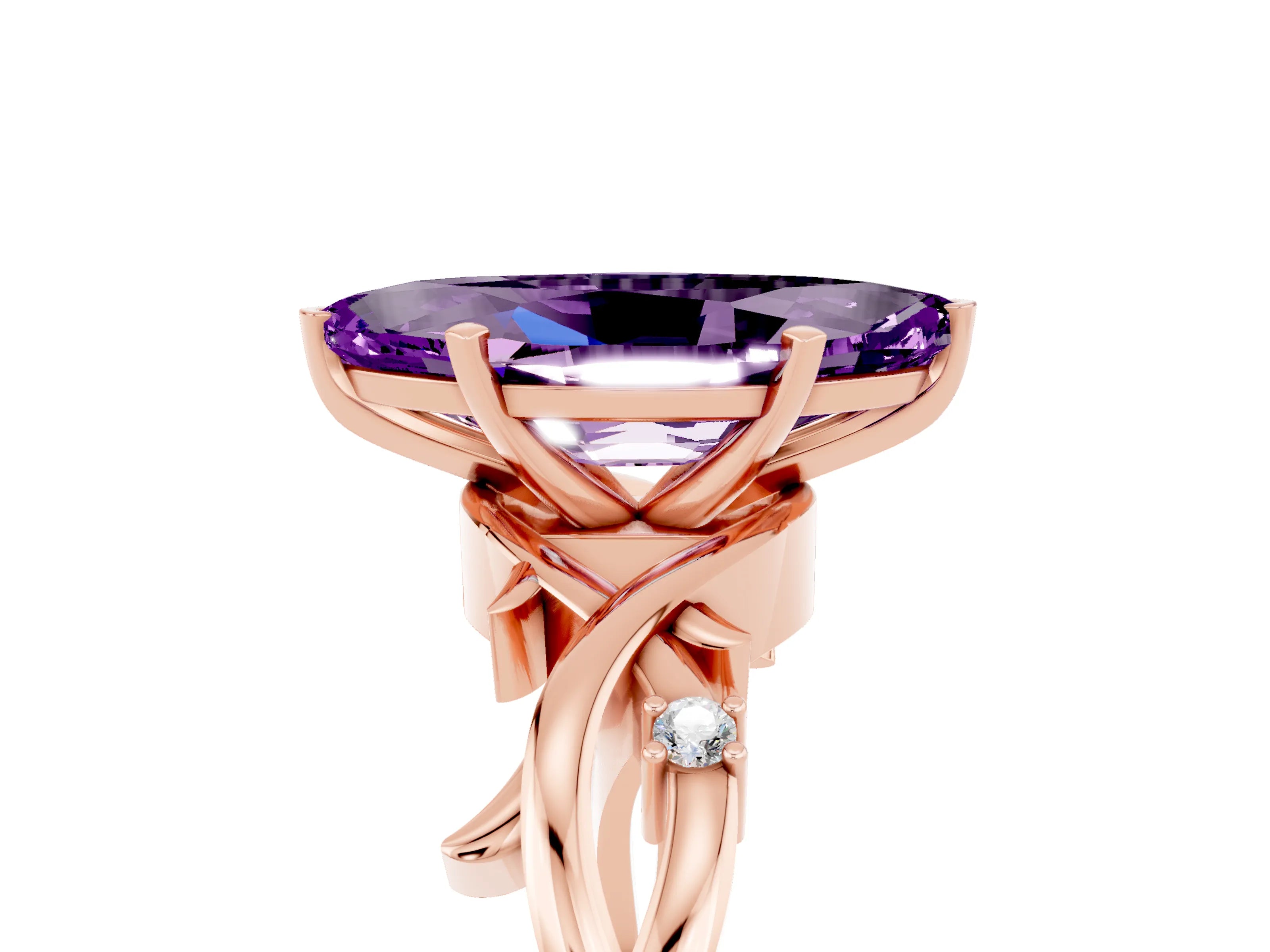 Rose gold Marquise Cut Amethyst Solitaire Ring with Milgrain Pavé Band and Four-Prong Setting_17
