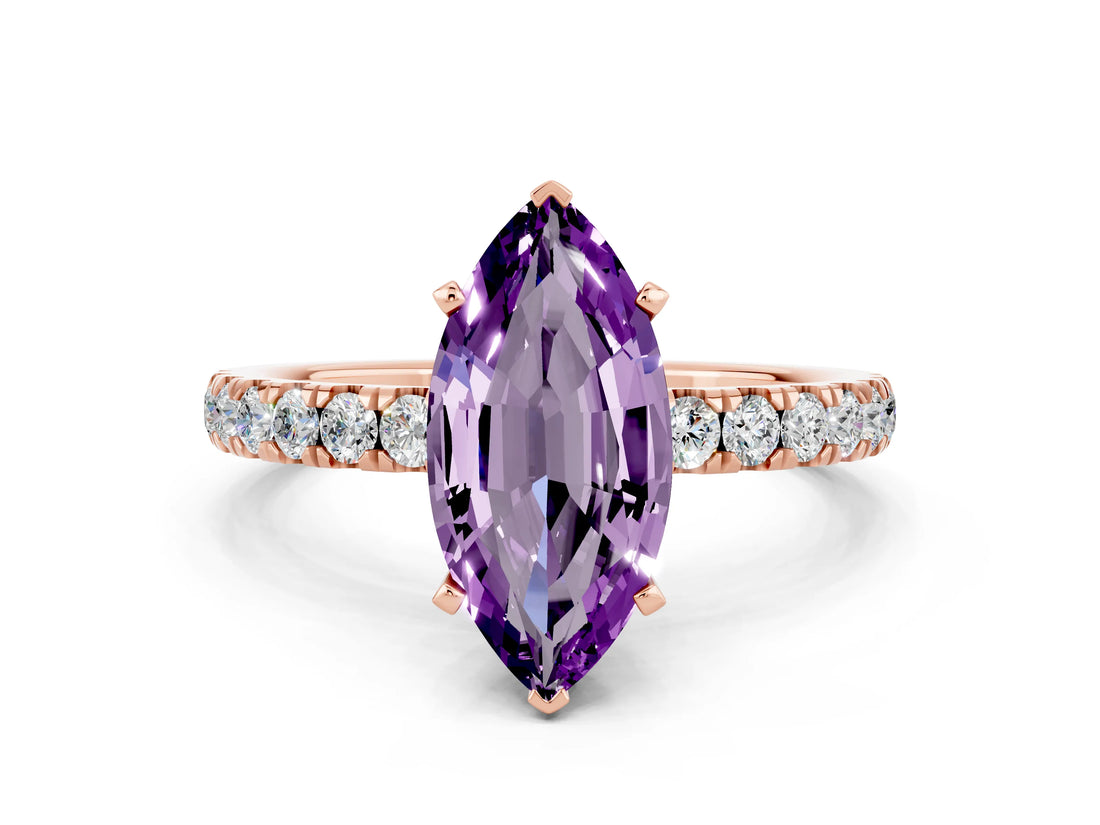 Rose gold Marquise Cut Amethyst Solitaire Ring with Pavé Accents and Four-Prong Setting