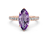 Rose gold Marquise Cut Amethyst Solitaire Ring with Pavé Accents and Four-Prong Setting