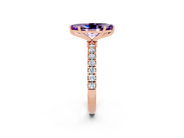 Rose gold Marquise Cut Amethyst Solitaire Ring with Pavé Accents and Four-Prong Setting