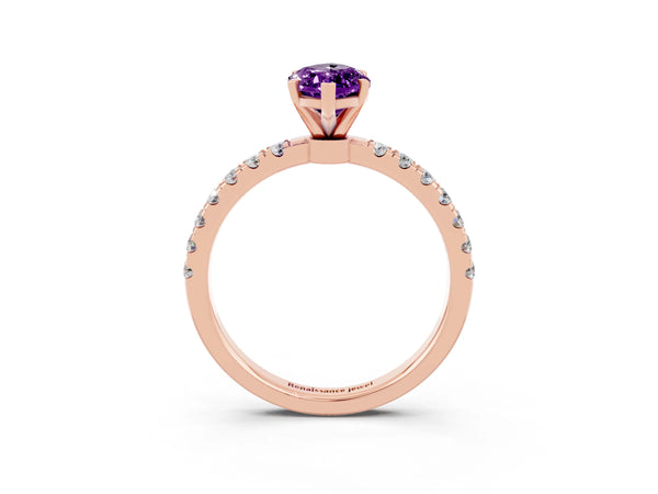 Rose gold Marquise Cut Amethyst Solitaire Ring with Pavé Accents and Four-Prong Setting