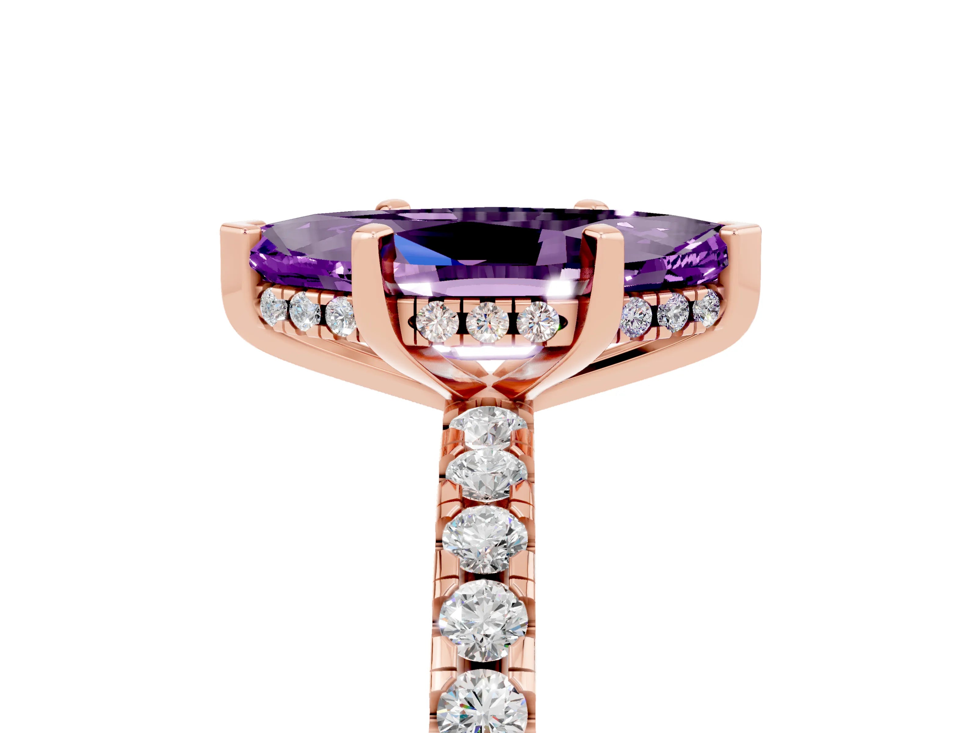 Rose gold Marquise Cut Amethyst Solitaire Ring with Pavé Band and Four-Prong Setting_29