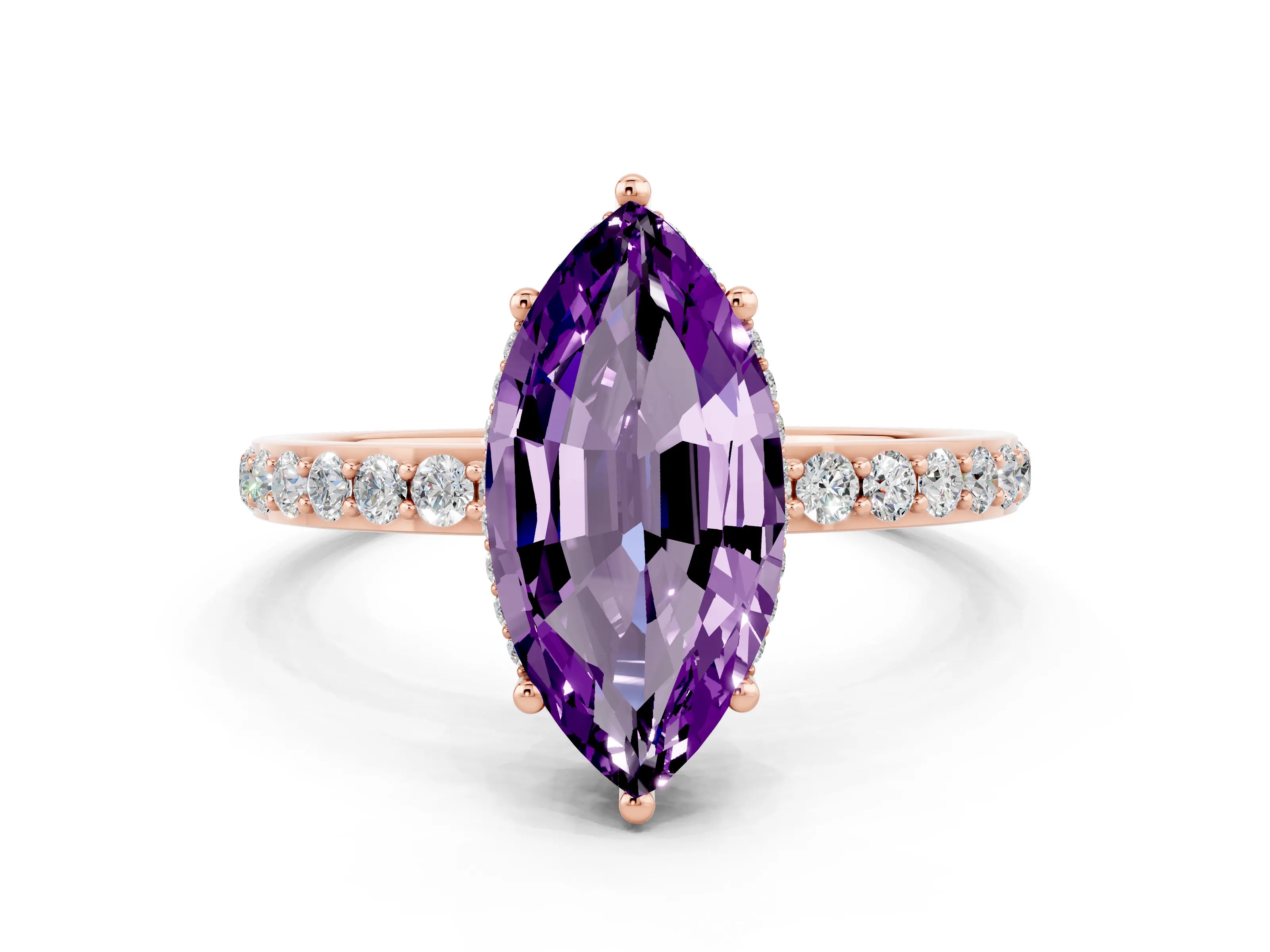Rose gold Marquise Cut Amethyst Solitaire Ring with Pavé Band and Hidden Halo_12