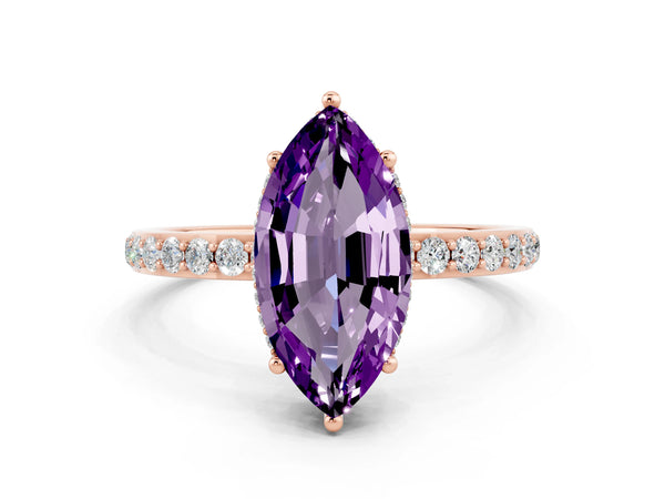 Rose gold Marquise Cut Amethyst Solitaire Ring with Pavé Band and Hidden Halo