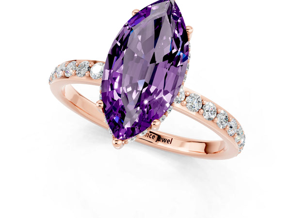 Rose gold Marquise Cut Amethyst Solitaire Ring with Pavé Band and Hidden Halo